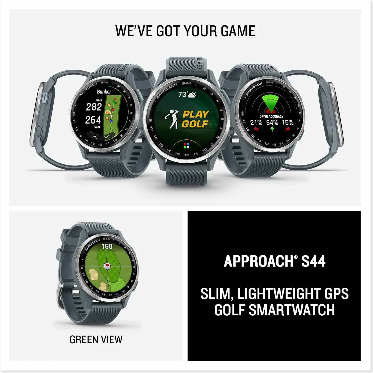 Garmin Approach® S44, Essential Golf GPS Smartwatch, AMOLED Display, On-Course Features, Silver Aluminum Bezel with Twilight Silicone Band