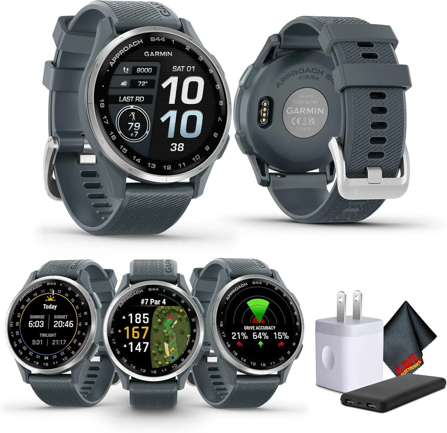 Garmin Approach S44 Essential Golf Watch with GPS, AMOLED Display, On-Course Features, Sports and Fitness Smartwatch, Silver Aluminum Bezel with Twilight Silicone Band Bundle