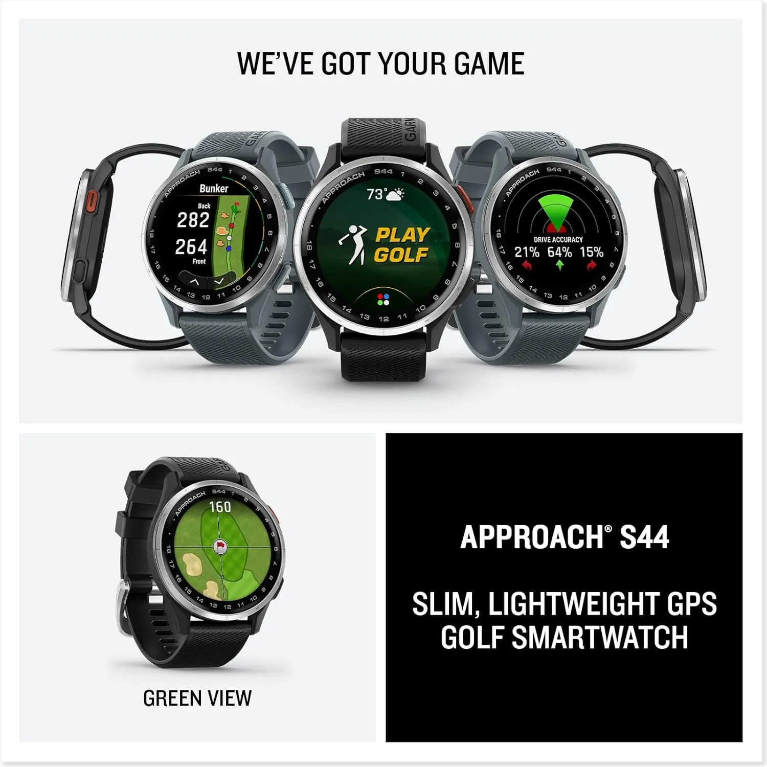 Garmin Approach S44 (Silver/Twilight) Golf GPS Smartwatch Bundle - 1.2" AMOLED Display, On-Course Features & 15H Battery Life with PlayBetter Screen Protectors & 5000mAh Portable Charger