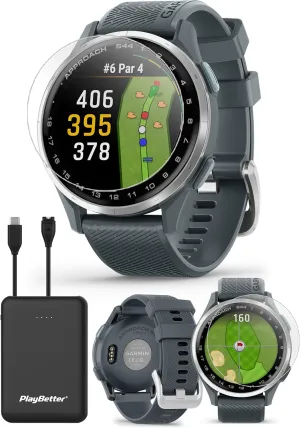 Garmin Approach S44 (Silver/Twilight) Golf GPS Smartwatch Bundle - 1.2" AMOLED Display, On-Course Features & 15H Battery Life with PlayBetter Screen Protectors & 5000mAh Portable Charger