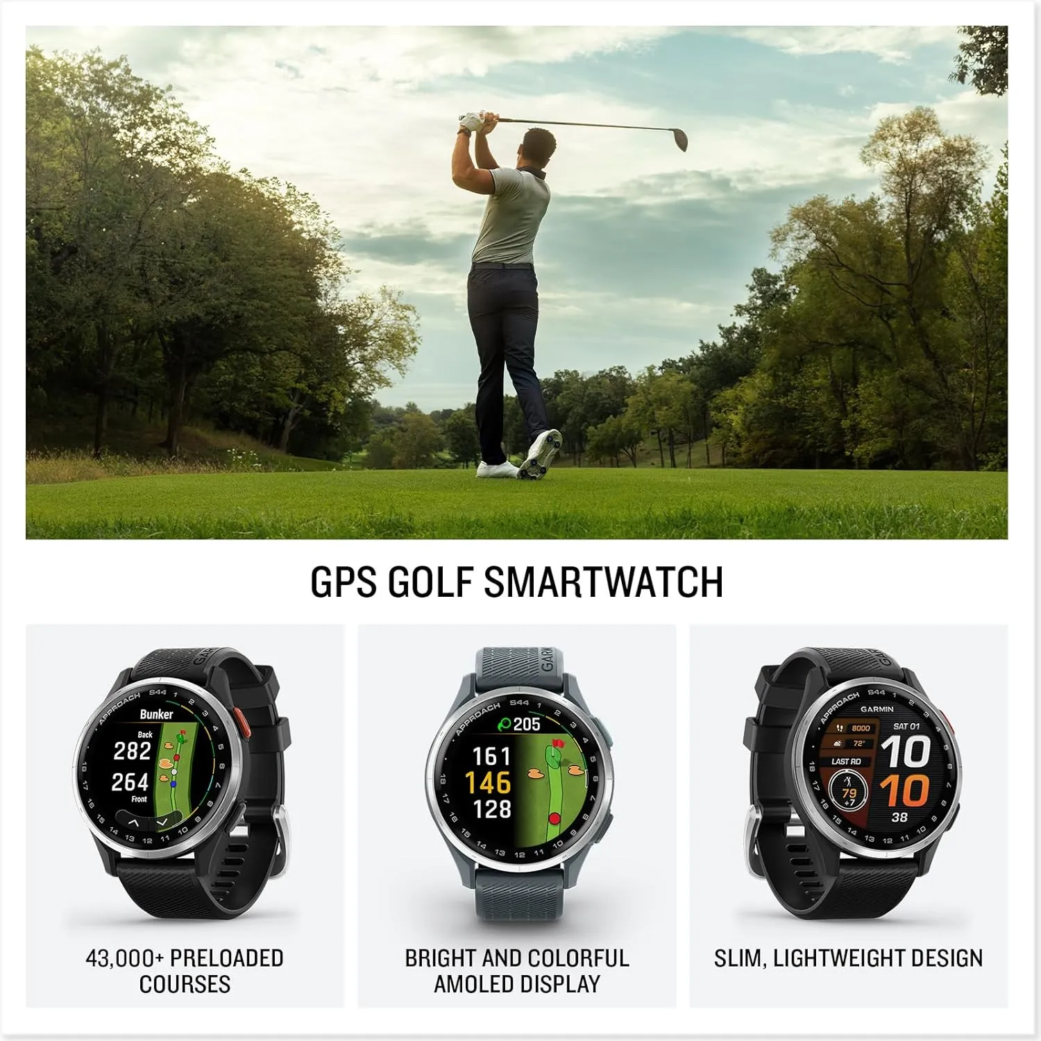 Garmin Approach S44 (Silver/Twilight) Golf GPS Smartwatch Bundle - 1.2" AMOLED Display, On-Course Features & 15H Battery Life with PlayBetter Screen Protectors & 5000mAh Portable Charger