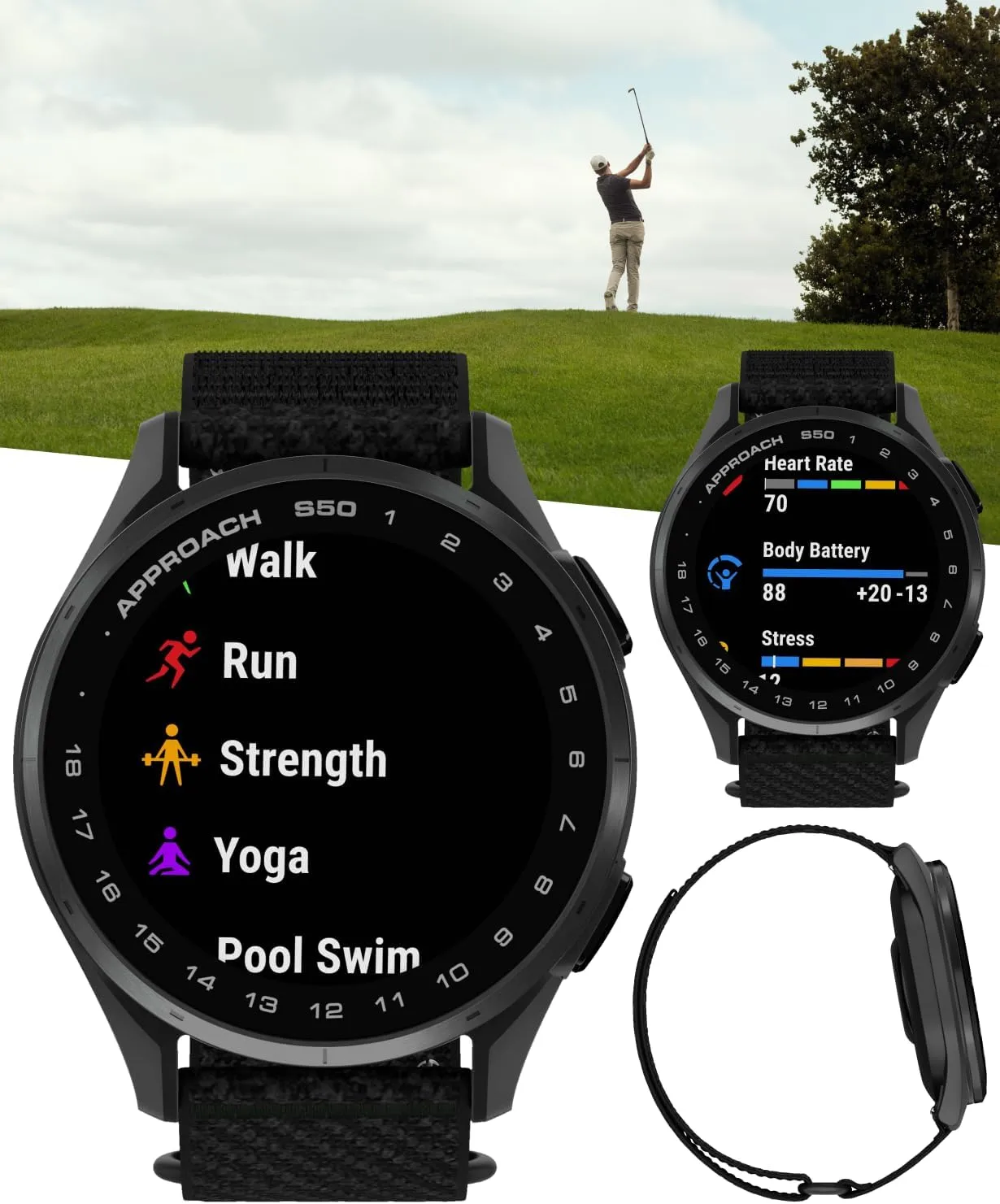 Garmin Approach S50 Golf GPS Smartwatch Slate Aluminum Bezel with Black ComfortFit Nylon Band with Wearable4U Power Bank Bundle