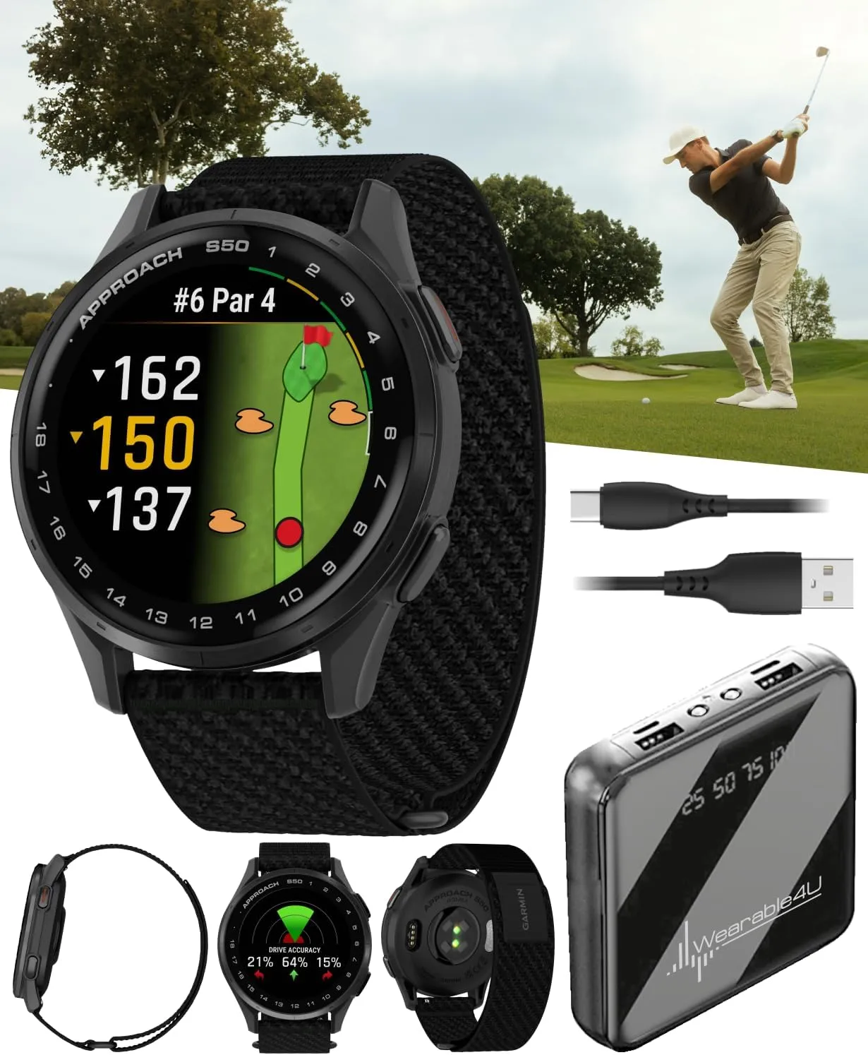 Garmin Approach S50 Golf GPS Smartwatch Slate Aluminum Bezel with Black ComfortFit Nylon Band with Wearable4U Power Bank Bundle