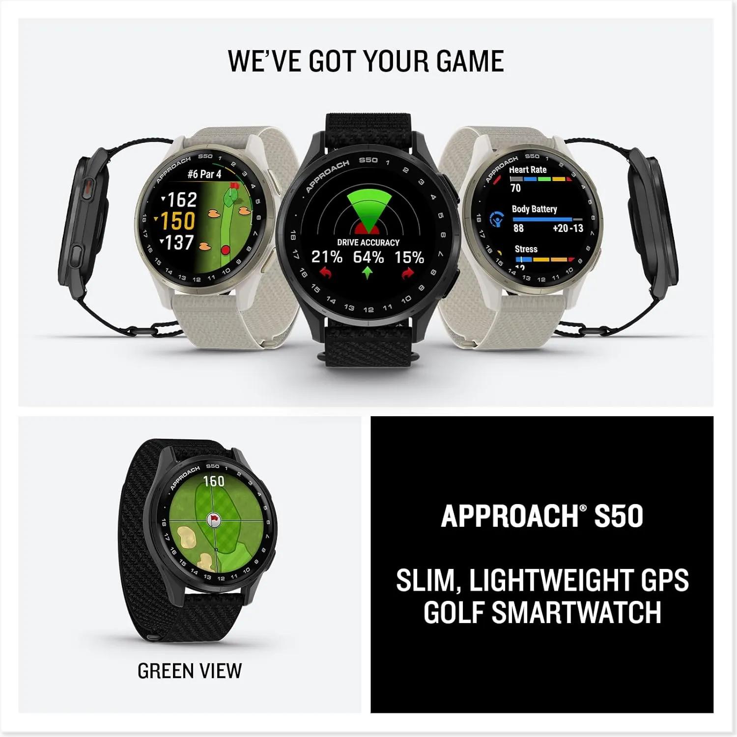 Garmin Approach S50 (Slate/Black) Golf GPS Smartwatch Bundle - 1.2" AMOLED Display, On-Course Features, Wrist Heart Rate with PlayBetter Screen Protectors & 5000mAh Portable Charger