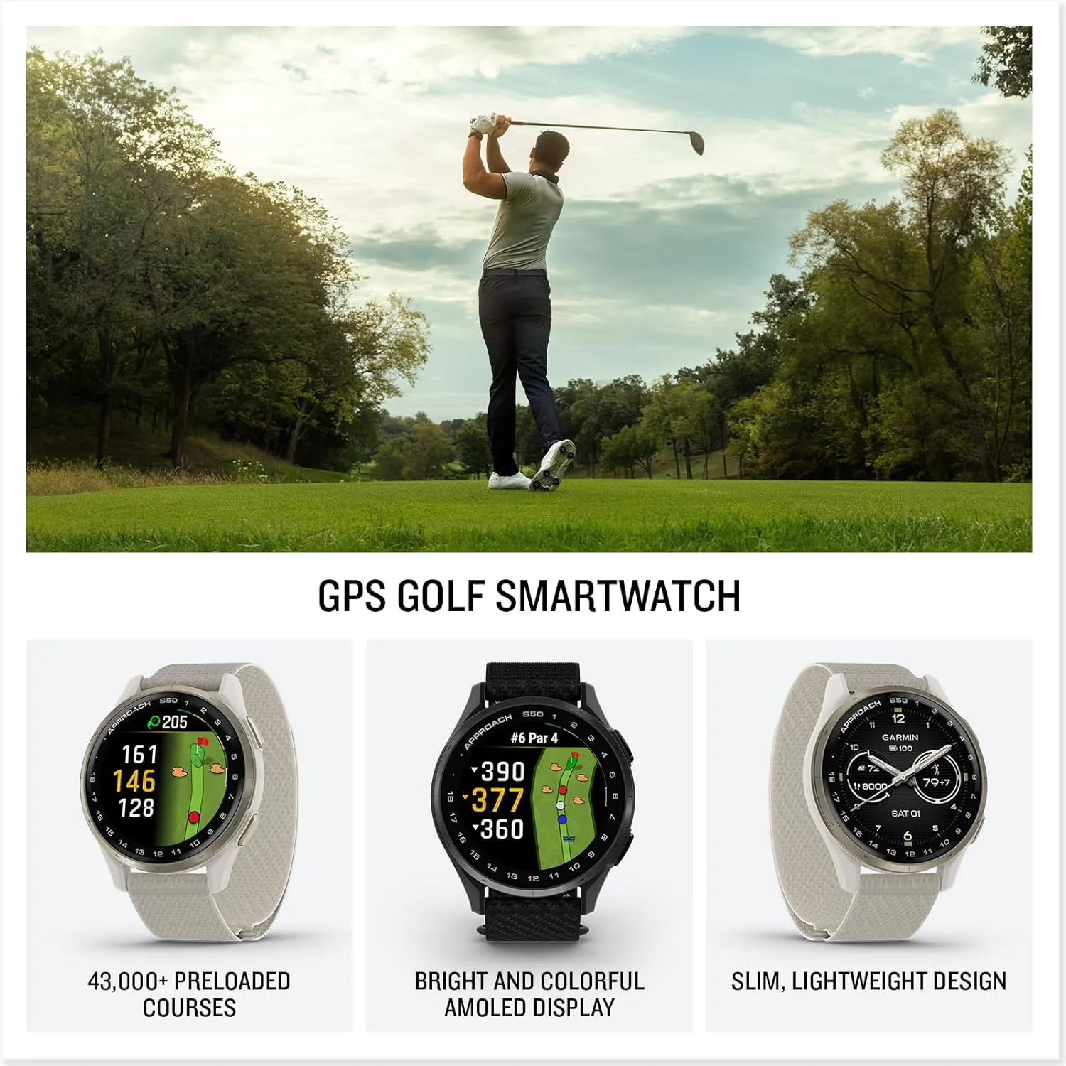 Garmin Approach S50 (Slate/Black) Golf GPS Smartwatch Bundle - 1.2" AMOLED Display, On-Course Features, Wrist Heart Rate with PlayBetter Screen Protectors & 5000mAh Portable Charger