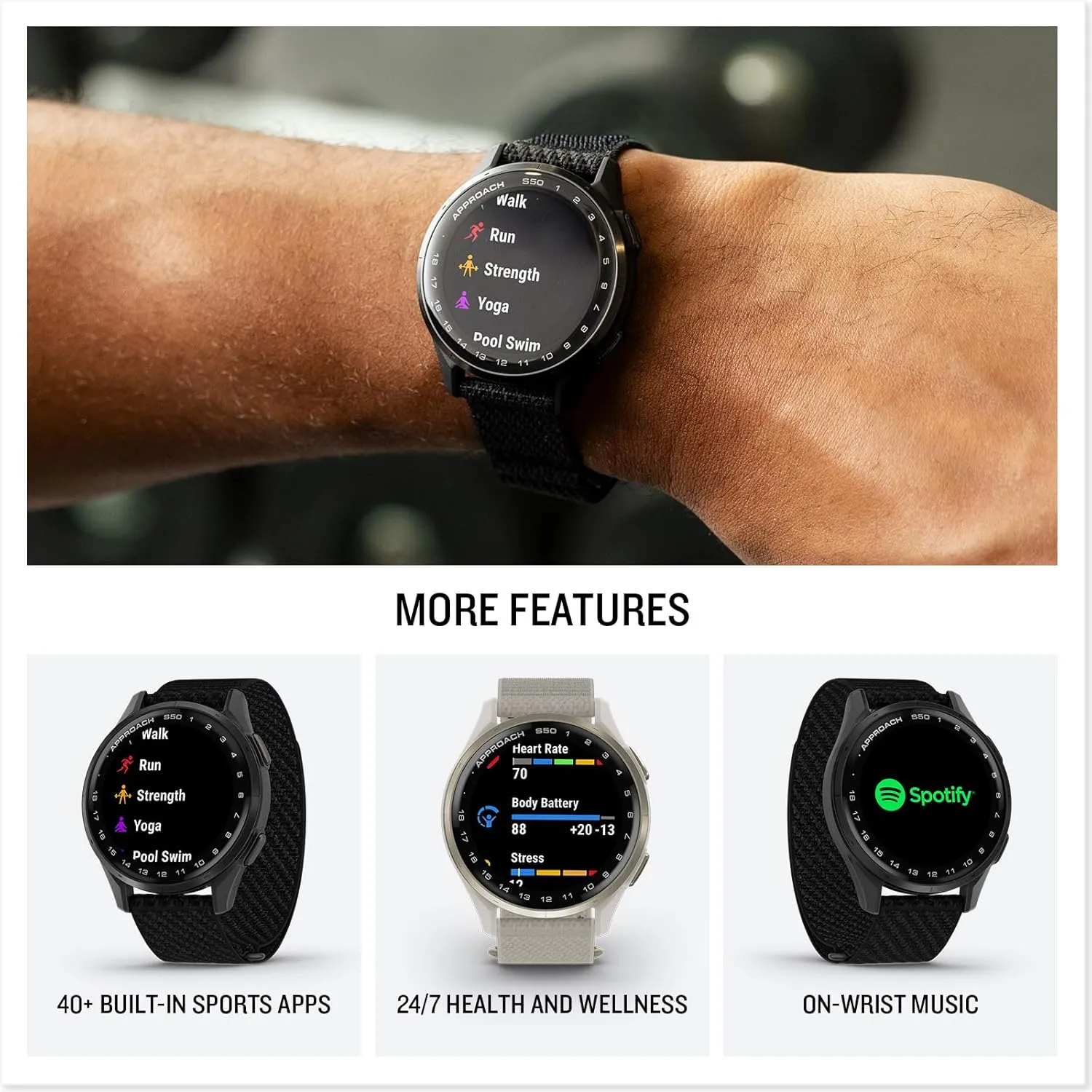 Garmin Approach S50 (Slate/Black) Golf GPS Smartwatch Bundle - 1.2" AMOLED Display, On-Course Features, Wrist Heart Rate with PlayBetter Screen Protectors & 5000mAh Portable Charger