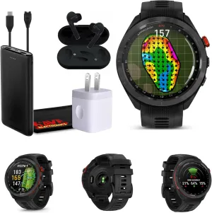 Garmin Approach S70 47MM Black- Golf GPS Fitness Tracker Smartwatch for Men, Lightweight Touchscreen AMOLED Display and Preloaded Courses Bundle with Wireless Ear Buds & More