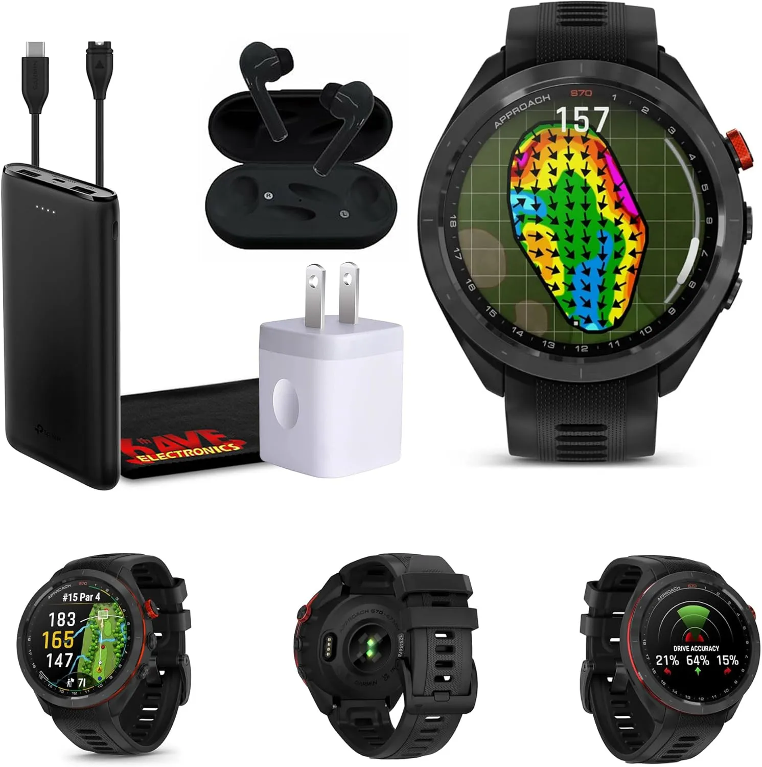 Garmin Approach S70 47MM Black- Golf GPS Fitness Tracker Smartwatch for Men, Lightweight Touchscreen AMOLED Display and Preloaded Courses Bundle with Wireless Ear Buds & More