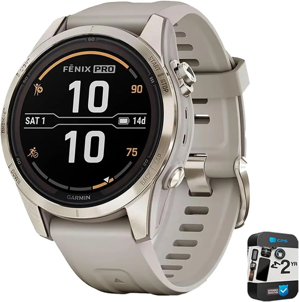 Garmin Fenix 7S Pro Solar, Sapphire, Soft Gold Steel, Light Sand Bundle with 2 Year Enhanced Protection Pack