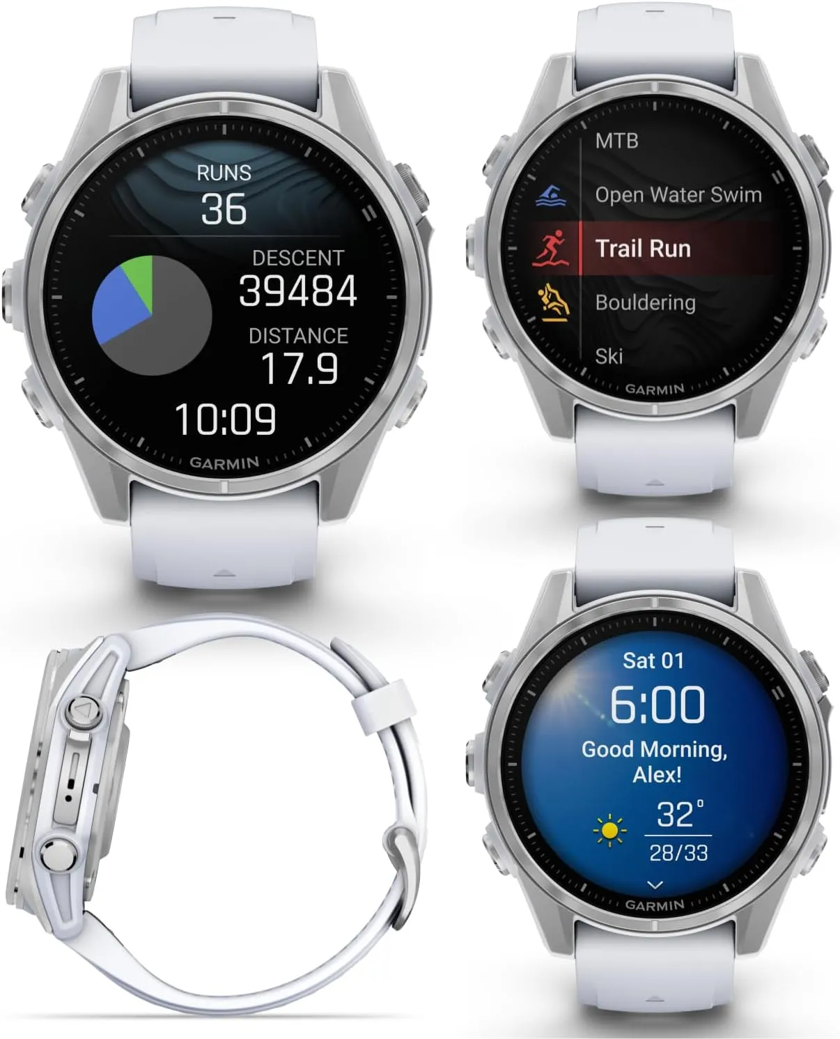 Garmin Fenix 8 – 43 mm, AMOLED Multisport GPS Smartwatch, Silver with Whitestone Silicone Band, Built-in LED Flashlight, Voice Control, Dive-Rated with Wearable4U White Earbuds Bundle