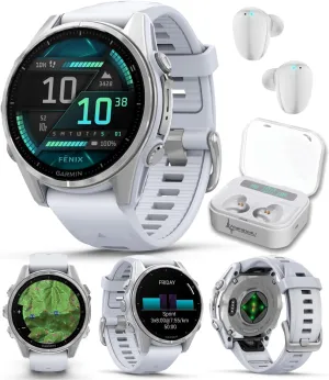 Garmin Fenix 8 – 43 mm, AMOLED Multisport GPS Smartwatch, Silver with Whitestone Silicone Band, Built-in LED Flashlight, Voice Control, Dive-Rated with Wearable4U White Earbuds Bundle