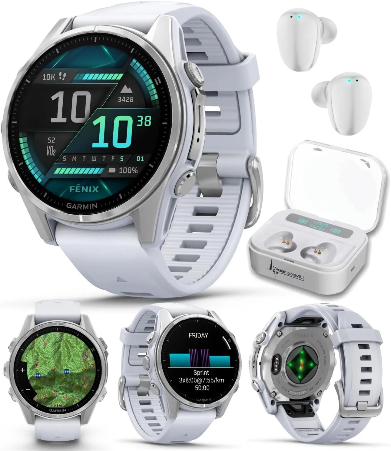 Garmin Fenix 8 – 43 mm, AMOLED Multisport GPS Smartwatch, Silver with Whitestone Silicone Band, Built-in LED Flashlight, Voice Control, Dive-Rated with Wearable4U White Earbuds Bundle