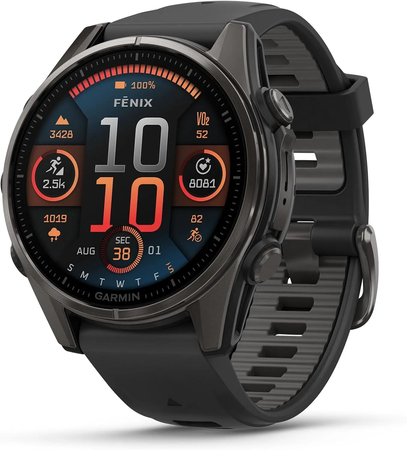 Garmin Fenix 8 Premium Multisport GPS Running Smartwatch, 43 mm | AMOLED, Dive-Rated, Built-in Flashlight | Carbon Gray DLC Titanium with Pebble Gray Band with Signature Series Charging Stand