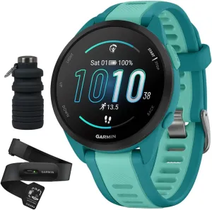 Garmin Forerunner 165 Music Smart Sport Watch, Turquoise   Aqua with HRM 200 Heart Rate Monitor Strap (M-XL) Bundle with Deco Essentials Collapsable Water Bottle