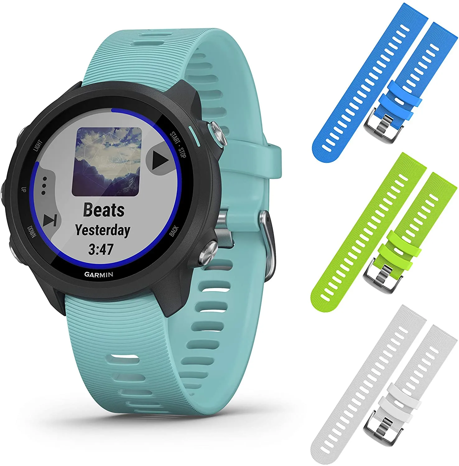 Garmin Forerunner 245 GPS Running Smartwatch with Included Wearable4U 3 Straps Bundle (Aqua Music 010-02120-22, Blue/Lime/White)