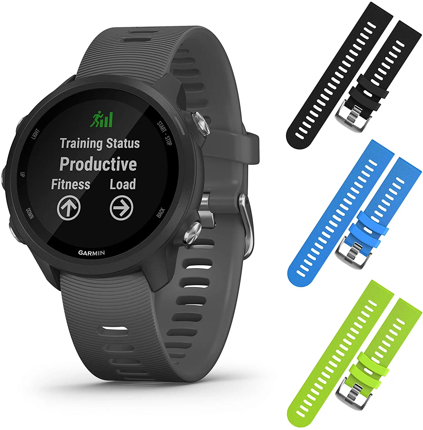Garmin Forerunner 245 GPS Running Smartwatch with Included Wearable4U 3 Straps Bundle (Slate Grey 010-02120-00, Blue/Khaki/Lime)