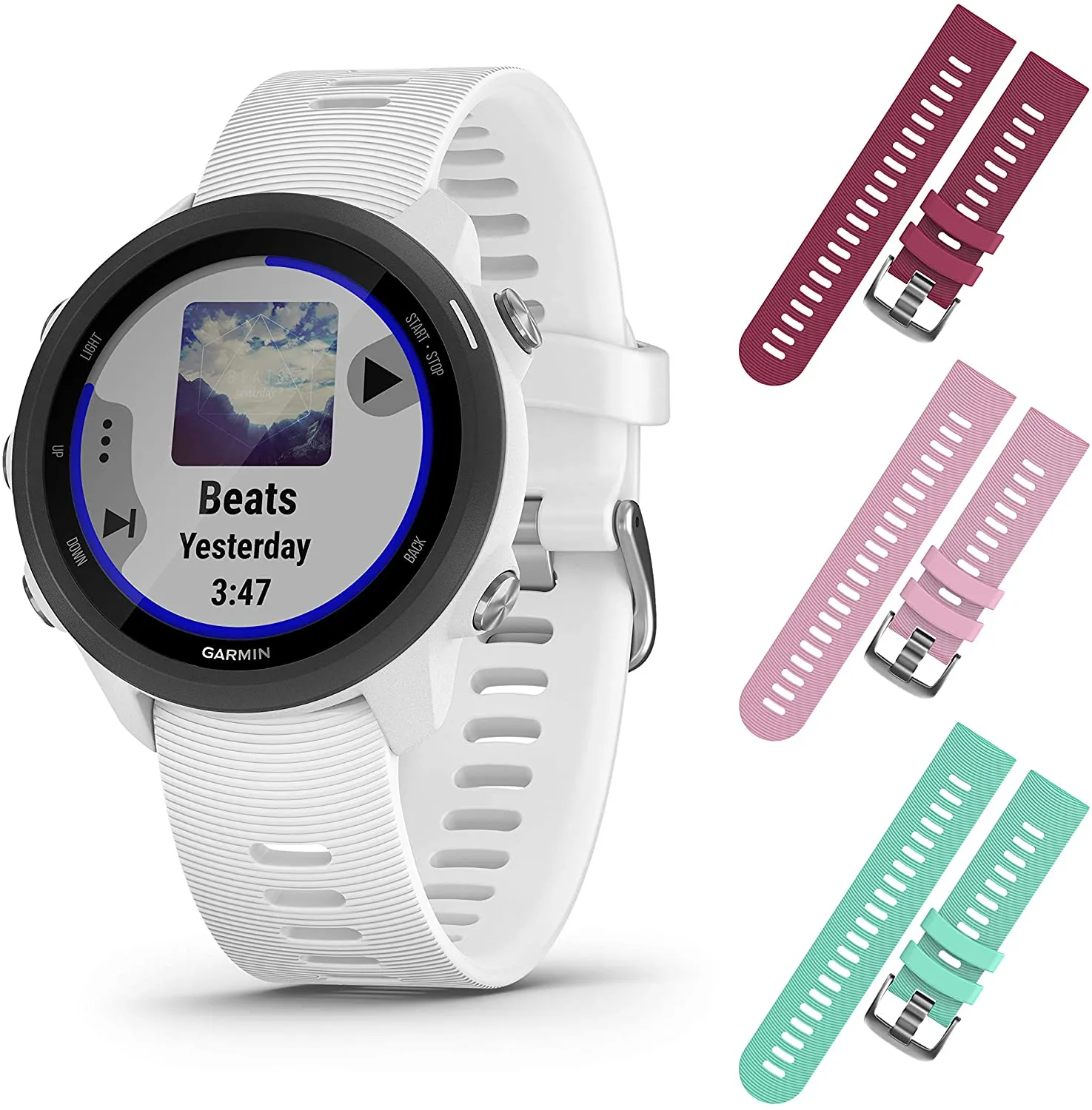 Garmin Forerunner 245 GPS Running Smartwatch with Included Wearable4U 3 Straps Bundle (White Music 010-02120-21, Berry/Pink/Teal)