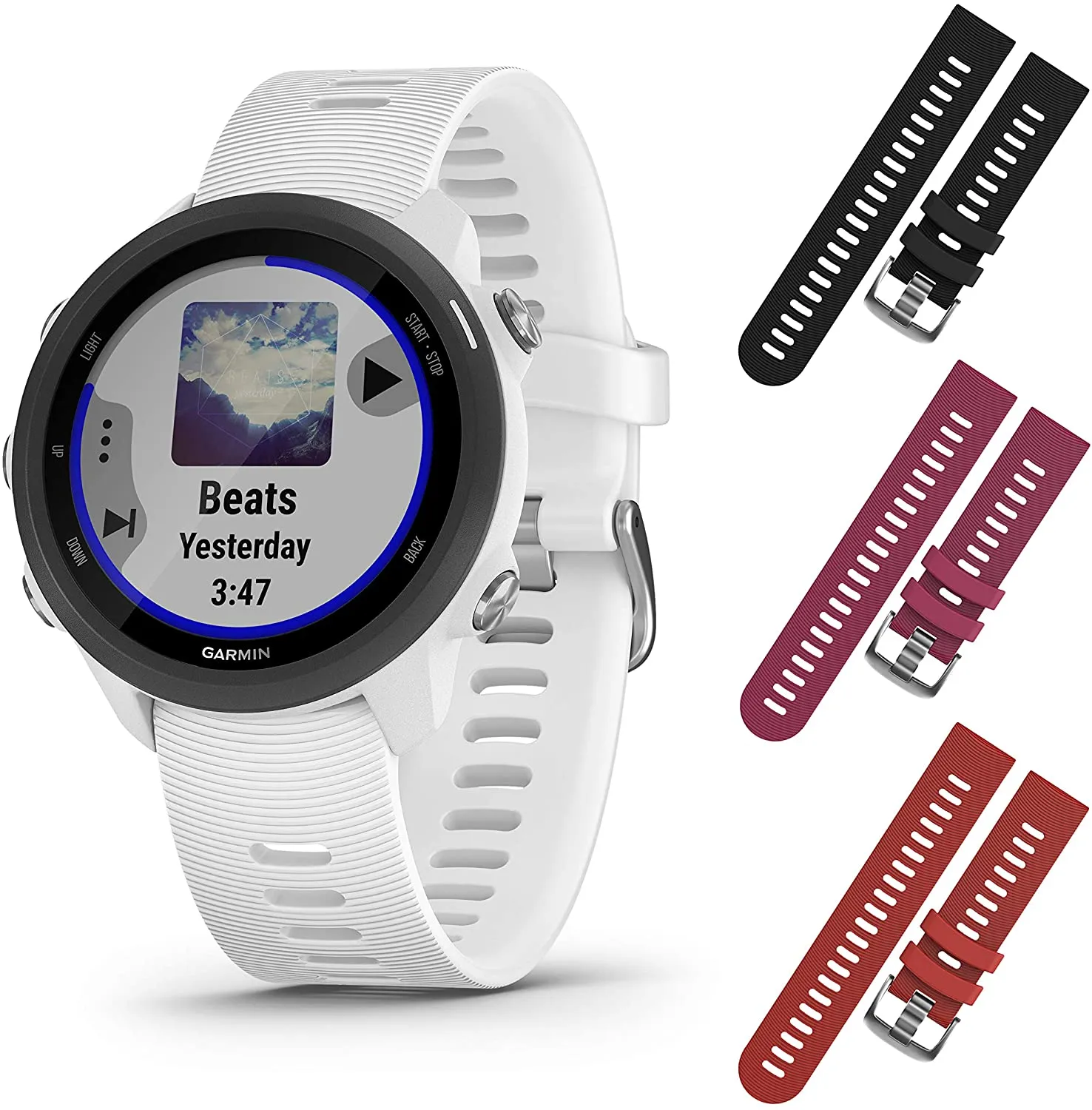 Garmin Forerunner 245 GPS Running Smartwatch with Included Wearable4U 3 Straps Bundle (White Music 010-02120-21, Black/Berry/Red)