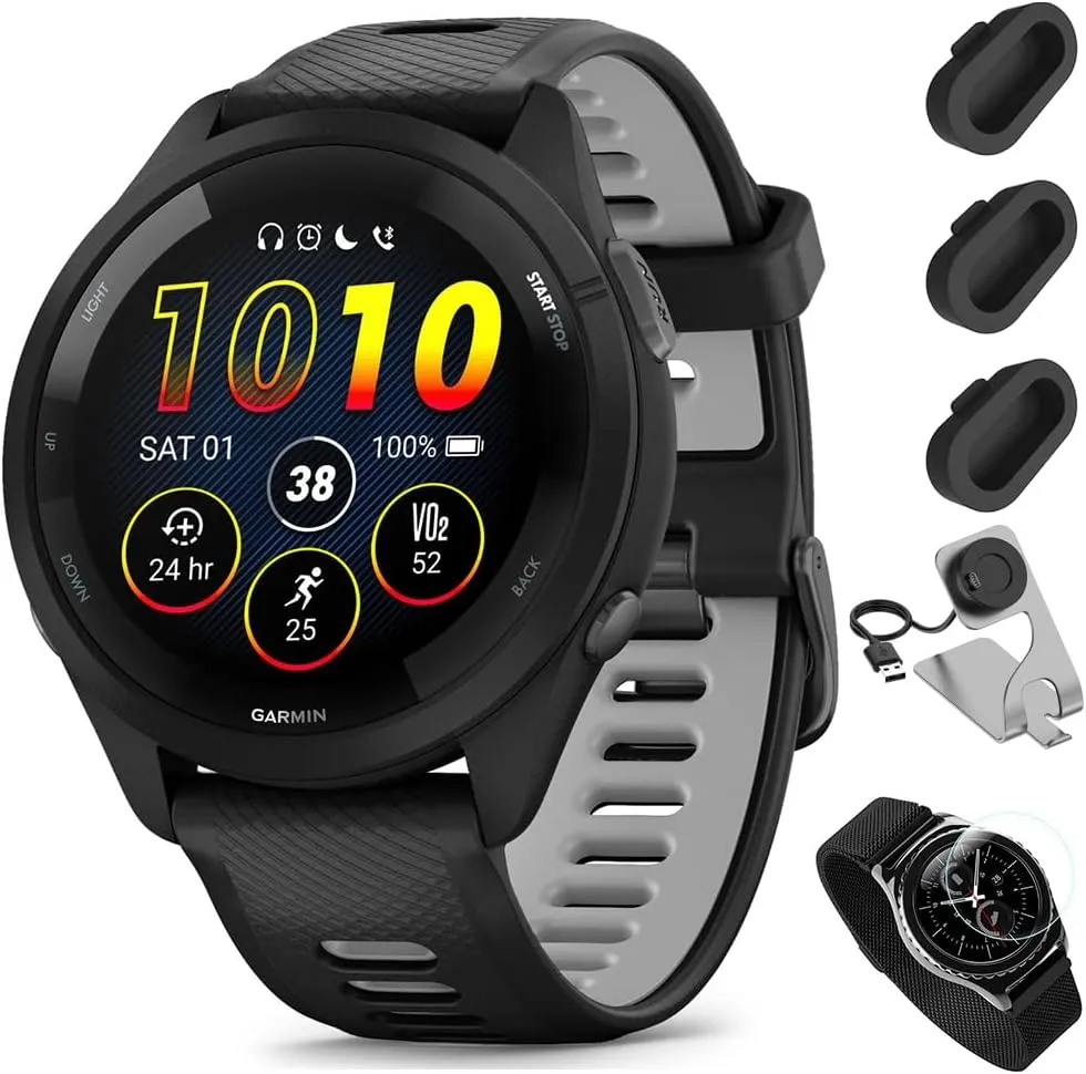 Garmin Forerunner 265 GPS Smartwatch - 46mm, Black/Powder Gray Bundle with Deco Essentials Charging Dock Venu 3   Silicone Dust Cover   Round Tempered Glass Screen Protector