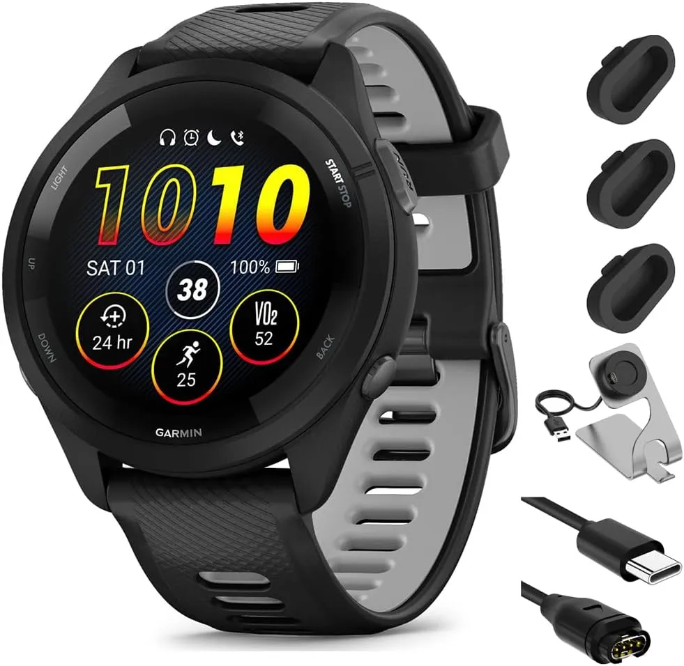 Garmin Forerunner 265 GPS Smartwatch - 46mm, Black/Powder Gray Bundle with Deco Essentials Charging Dock Venu 3   Silicone Dust Cover   USB Type C Charging and Sync Cable