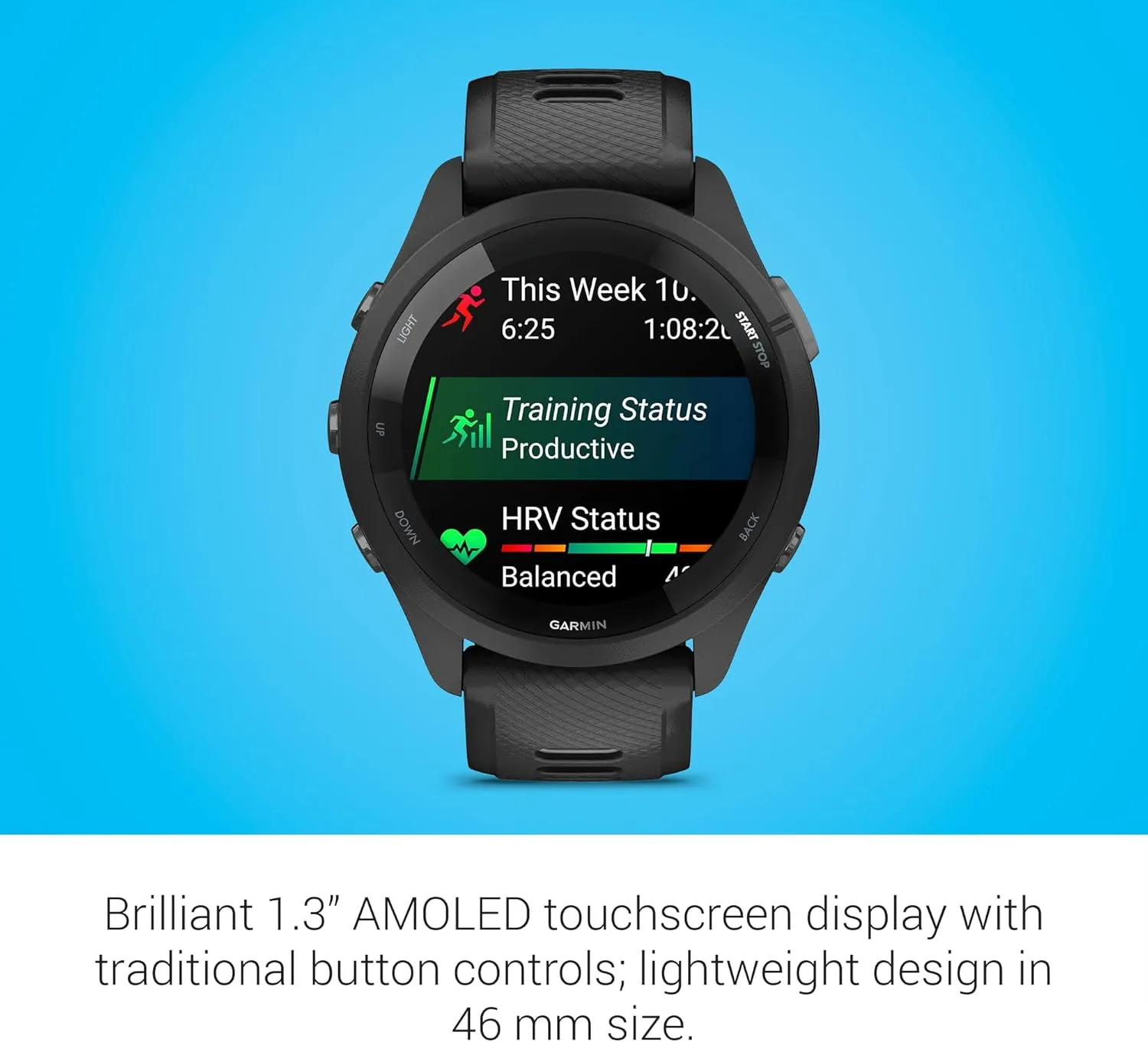 Garmin Forerunner 265 Running Smartwatch, Colorful AMOLED Display, Training Metrics and Recovery Insights, Black and Powder Gray