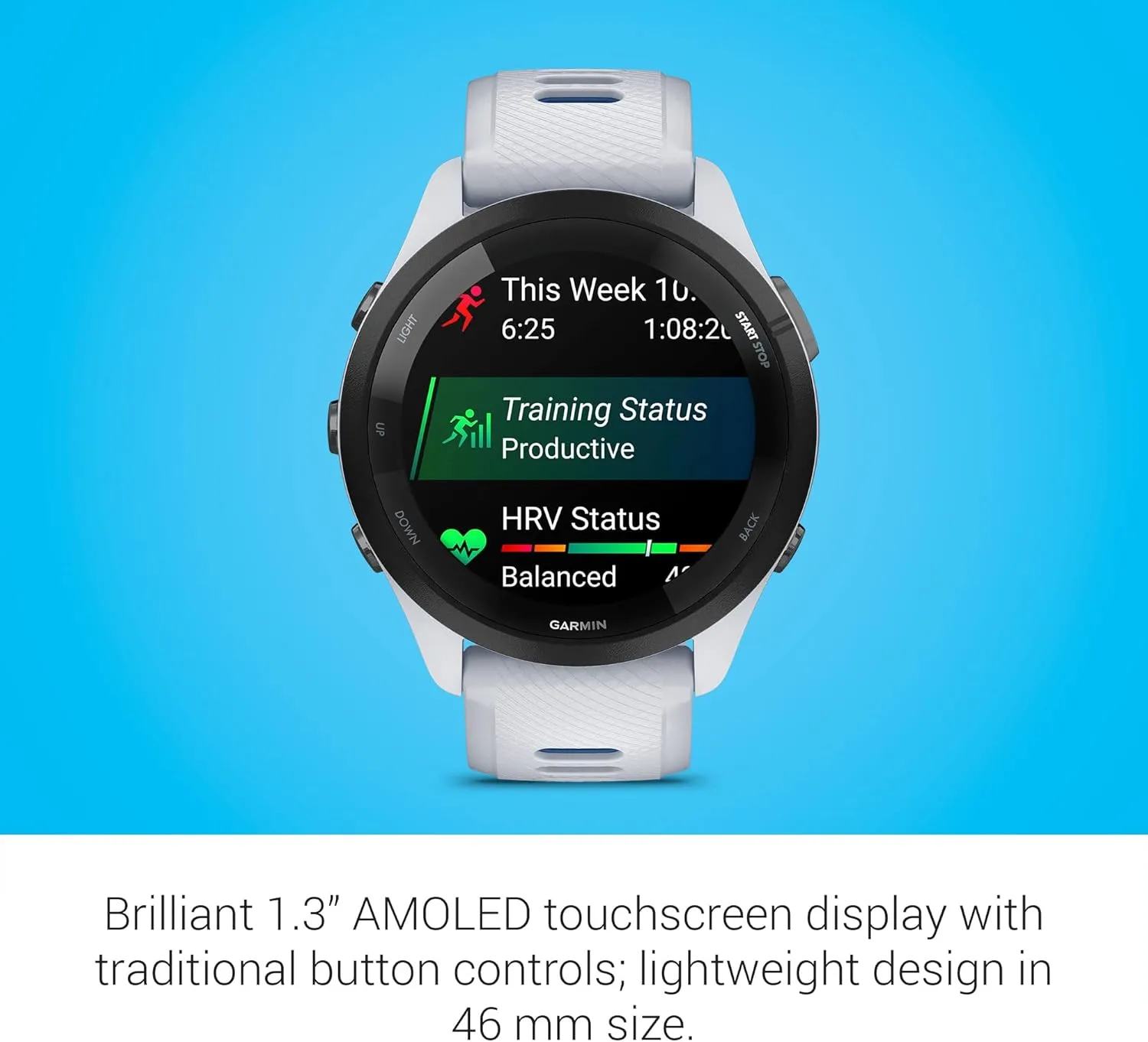 Garmin Forerunner 265 Running Smartwatch, Colorful AMOLED Display, Training Metrics and Recovery Insights, Whitestone and Tidal Blue