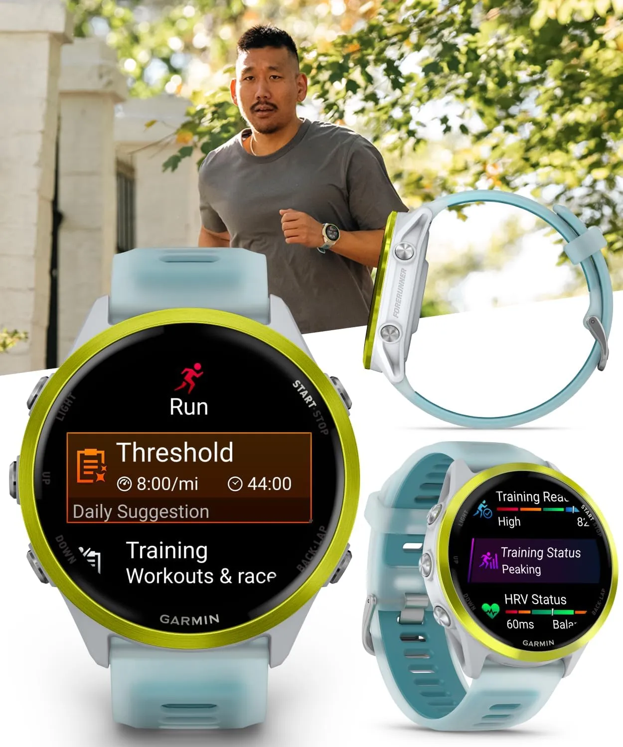 Garmin Forerunner 570 47mm Advanced GPS Running & Triathlon Smartwatch, AMOLED Display, Training & Recovery, Amp Yellow Aluminum w/Translucent Whitestone/Turquoise Band w/ Wearable4U PowerBank Bundle