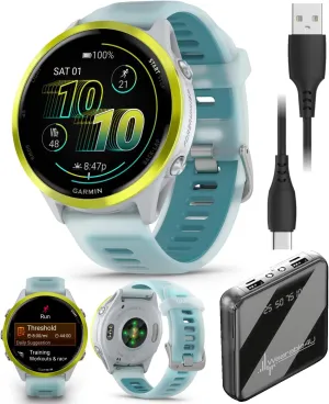 Garmin Forerunner 570 47mm Advanced GPS Running & Triathlon Smartwatch, AMOLED Display, Training & Recovery, Amp Yellow Aluminum w/Translucent Whitestone/Turquoise Band w/ Wearable4U PowerBank Bundle