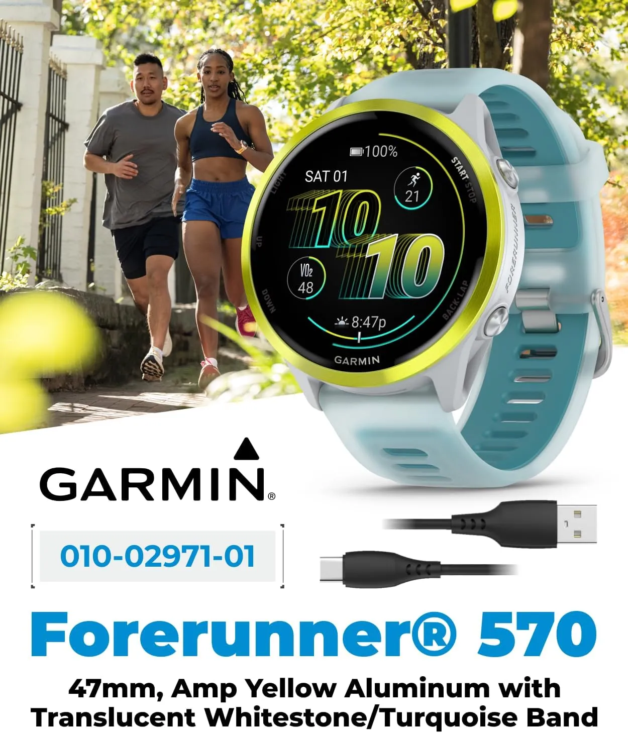 Garmin Forerunner 570 47mm Advanced GPS Running & Triathlon Smartwatch, AMOLED Display, Training & Recovery, Amp Yellow Aluminum w/Translucent Whitestone/Turquoise Band w/ Wearable4U PowerBank Bundle