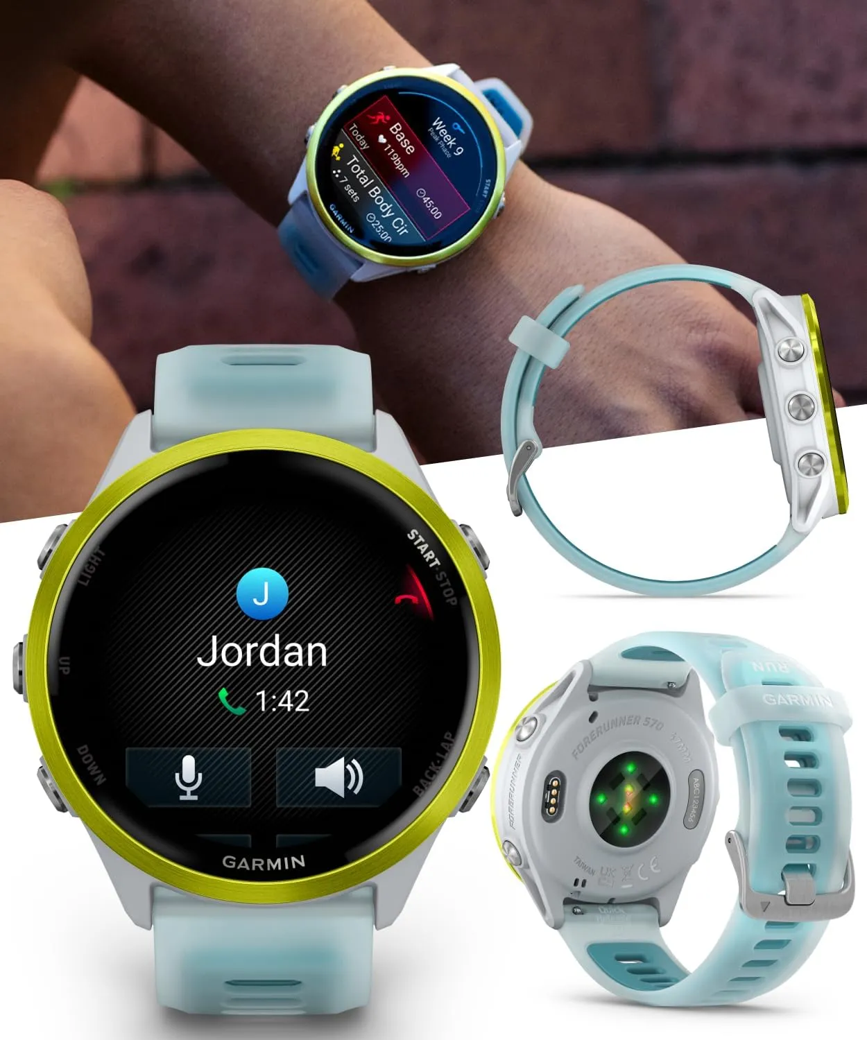 Garmin Forerunner 570 47mm Advanced GPS Running & Triathlon Smartwatch, AMOLED Display, Training & Recovery, Amp Yellow Aluminum w/Translucent Whitestone/Turquoise Band w/ Wearable4U PowerBank Bundle
