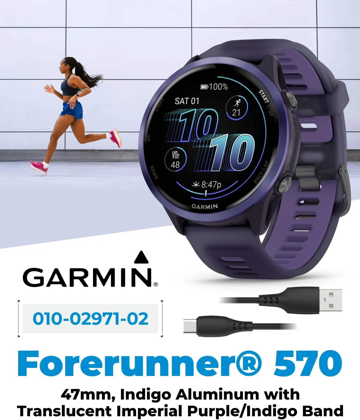 Garmin Forerunner 570 47mm Advanced GPS Running & Triathlon Smartwatch, AMOLED Display, Training & Recovery, Indigo Aluminum w/Translucent Imperial Purple/Indigo Band w/ Wearable4U PowerBank Bundle