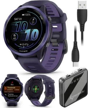 Garmin Forerunner 570 47mm Advanced GPS Running & Triathlon Smartwatch, AMOLED Display, Training & Recovery, Indigo Aluminum w/Translucent Imperial Purple/Indigo Band w/ Wearable4U PowerBank Bundle
