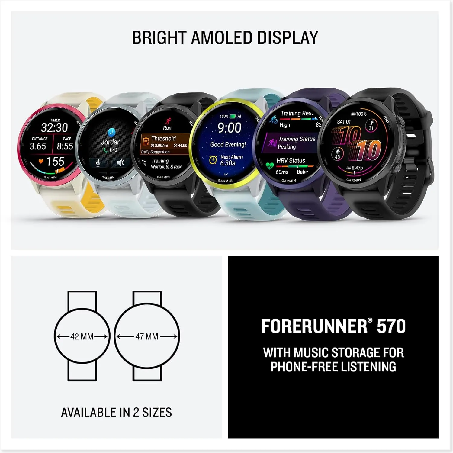 Garmin® Forerunner® 570, 47mm, Advanced GPS Running and Triathlon Smartwatch, AMOLED Display, Training and Recovery Features, Slate Gray Aluminum with Translucent Black/Black Band
