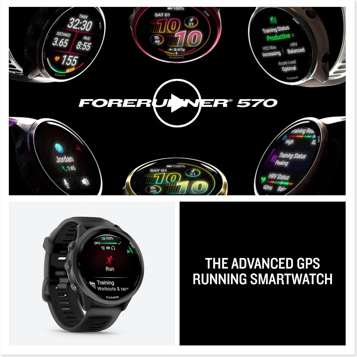 Garmin® Forerunner® 570, 47mm, Advanced GPS Running and Triathlon Smartwatch, AMOLED Display, Training and Recovery Features, Slate Gray Aluminum with Translucent Black/Black Band