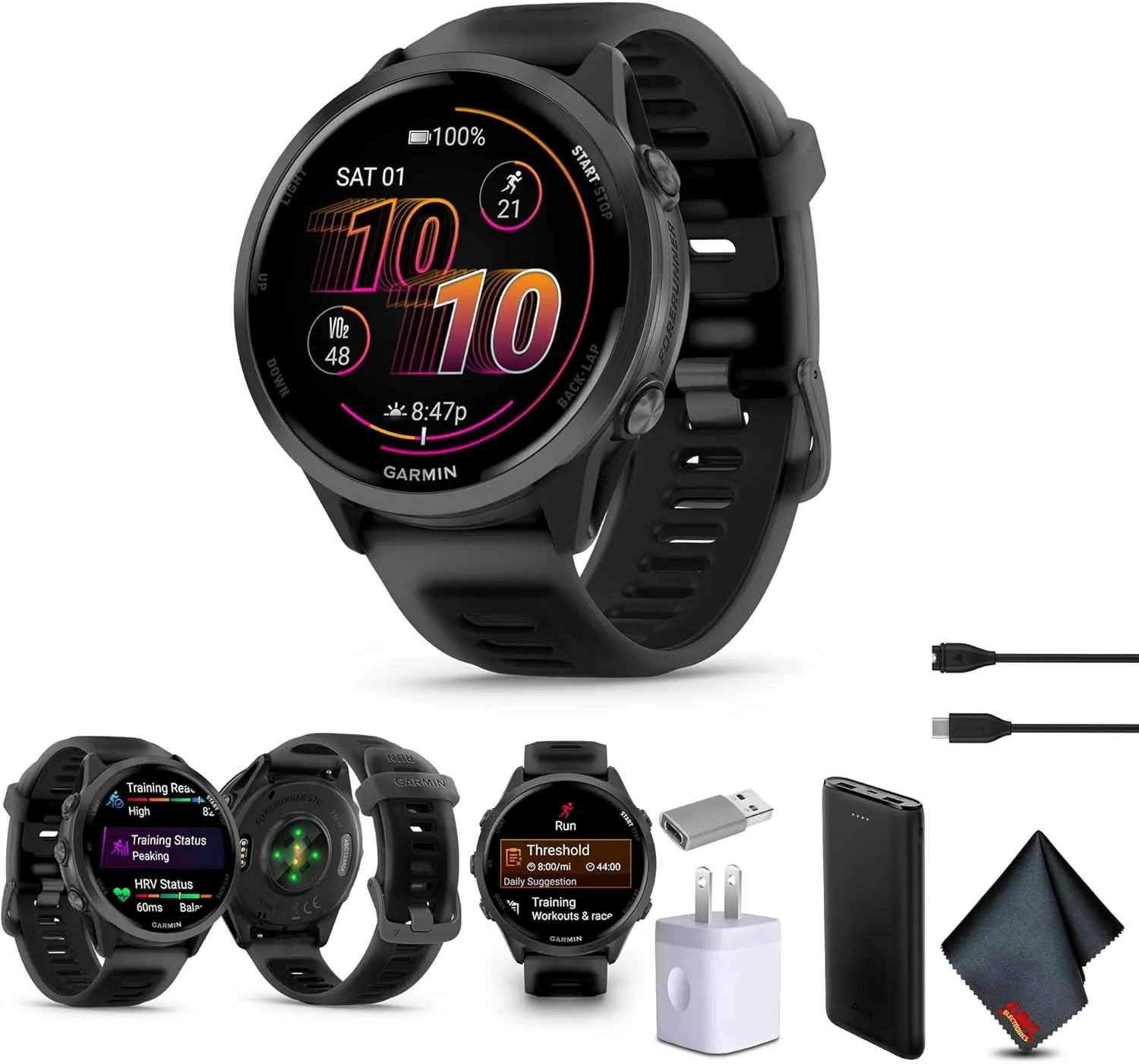Garmin Forerunner 570 Running Smartwatch, 47MM WiFi, GPS Fitness Smart Watch for Men and Women, Slate Gray Aluminum with Translucent Black/Black Band​ Bundle with P-Bank   More