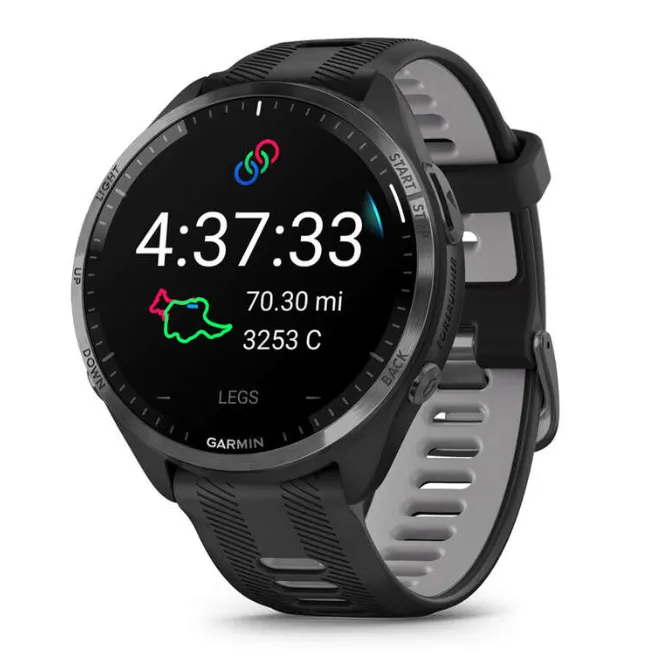 Garmin Forerunner® 965 Carbon Gray DLC Titanium Bezel with Black Case and Black/Powder Gray Silicone Band