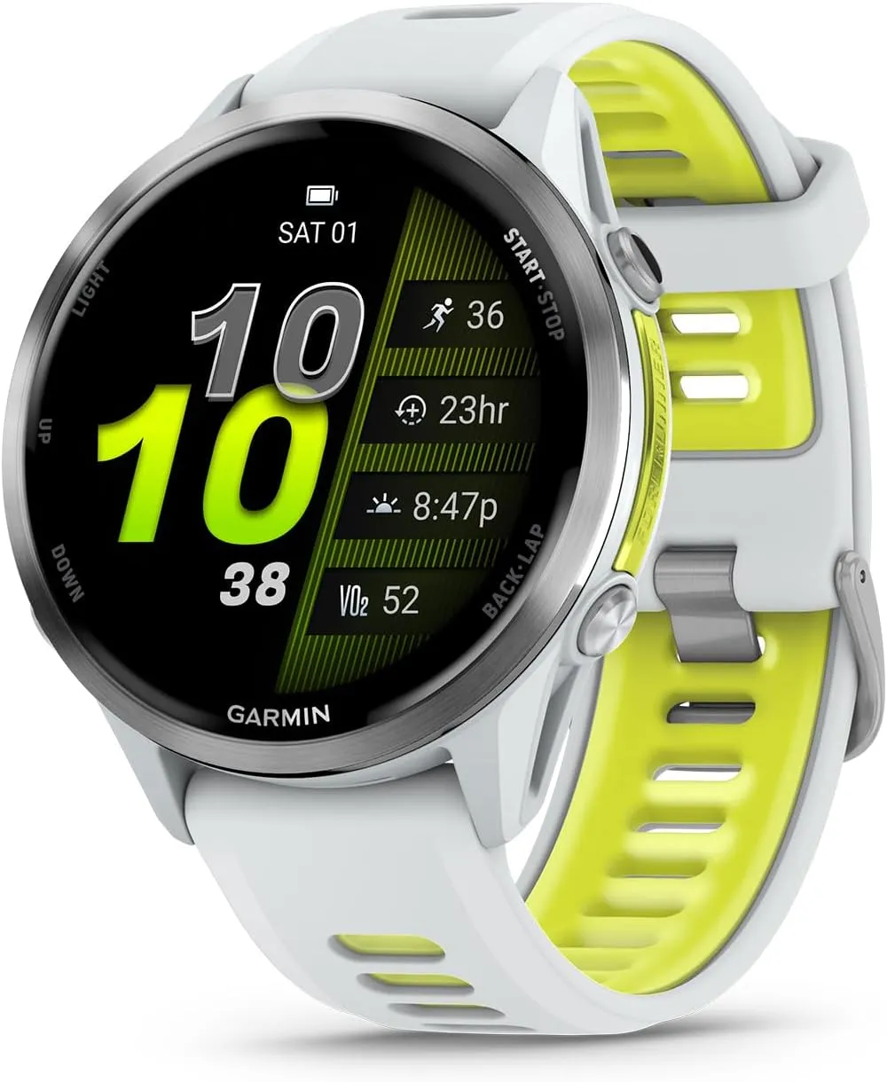 Garmin® Forerunner® 970, Premium GPS Running and Triathlon Smartwatch, AMOLED Display, Built-in LED Flashlight, Titanium with Whitestone Case and Whitestone/Translucent Amp Yellow Band