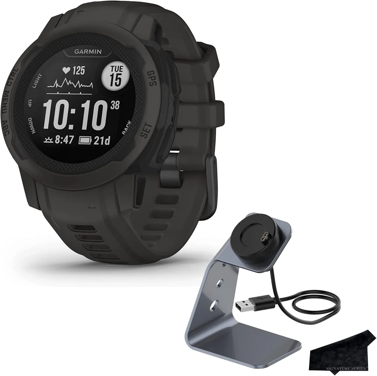 Garmin Instinct 2S Standard Edition, Smaller-Sized GPS Rugged Outdoor Smartwatch, Graphite | Heart Rate Monitor, Built-in Sport Apps, Up to 21 Day Battery Life with Signature Series Charging Bundle