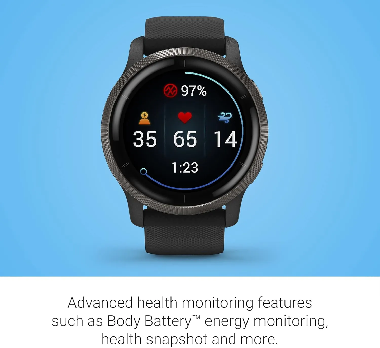 Garmin Venu 2, GPS Smartwatch with Advanced Health Monitoring and Fitness Features, Slate Bezel with Black Case and Silicone Band , 27.9 mm
