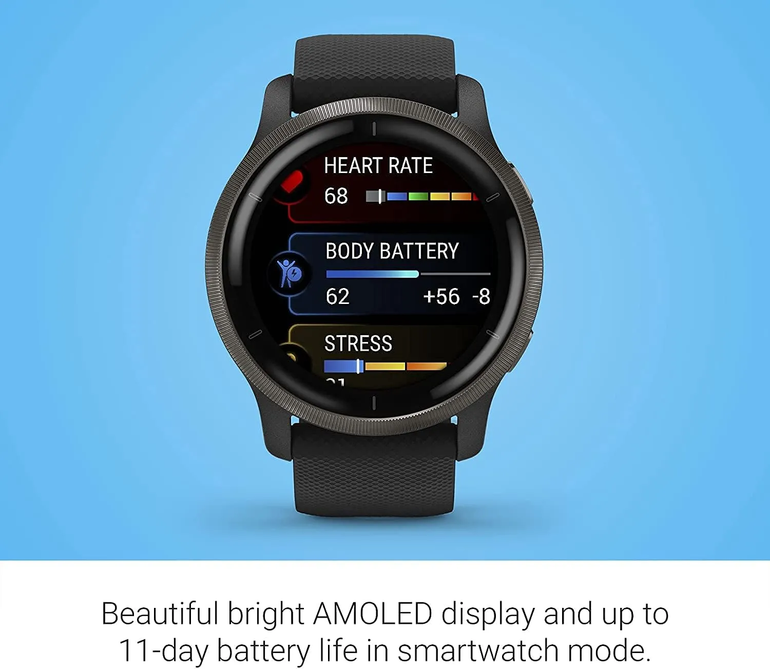 Garmin Venu 2, GPS Smartwatch with Advanced Health Monitoring and Fitness Features, Slate Bezel with Black Case and Silicone Band , 27.9 mm