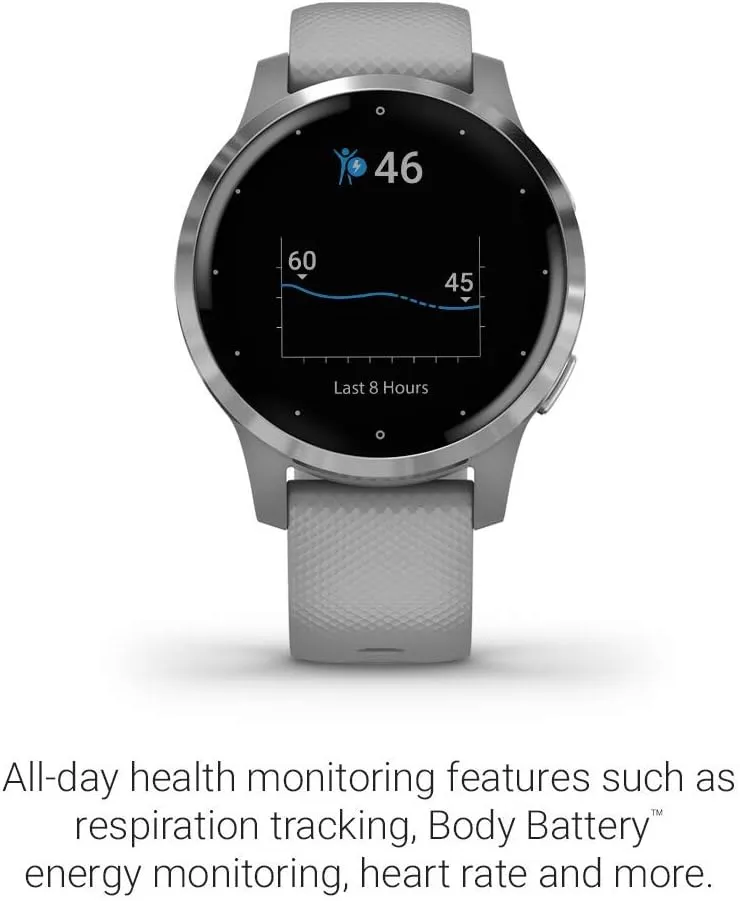 Garmin vivoactive 4S, Smaller-Sized GPS Smartwatch, Features Music, Body Energy Monitoring, Animated Workouts, Pulse Ox Sensors and More, Silver with Gray Band (Renewed)
