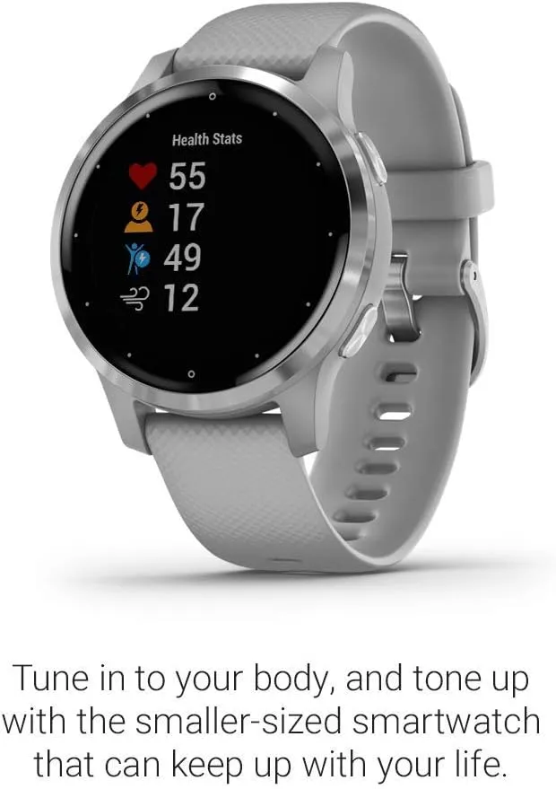 Garmin vivoactive 4S, Smaller-Sized GPS Smartwatch, Features Music, Body Energy Monitoring, Animated Workouts, Pulse Ox Sensors and More, Silver with Gray Band (Renewed)