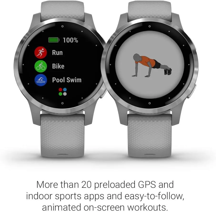 Garmin vivoactive 4S, Smaller-Sized GPS Smartwatch, Features Music, Body Energy Monitoring, Animated Workouts, Pulse Ox Sensors and More, Silver with Gray Band (Renewed)