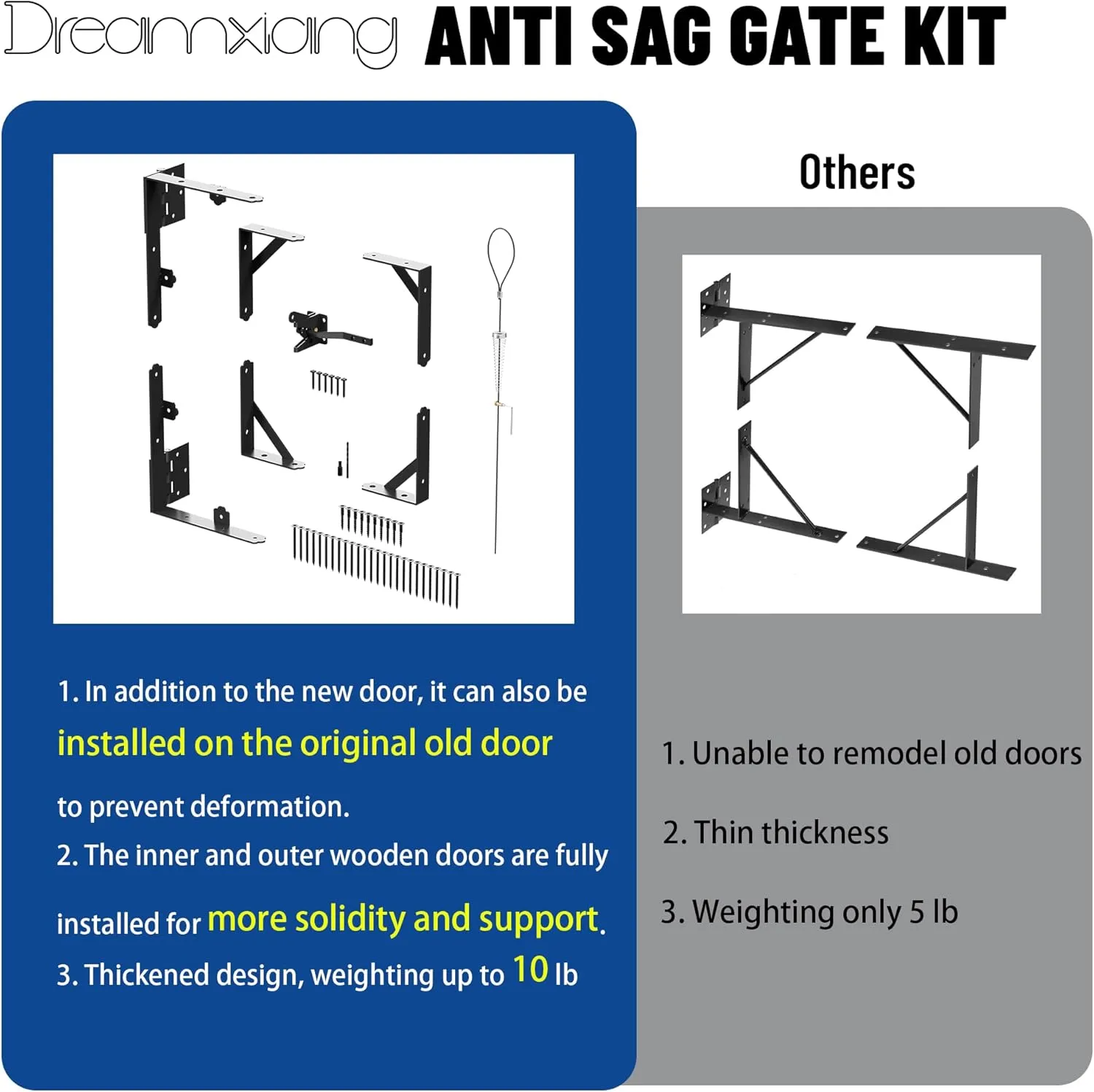Gate Corner Brace Bracket Anti Sag Gate Frame Kit with Self-Locking Gate Latch, Heavy Duty Gate Repair Kit for Wooden Fence, Driveway Gates, Shed Doors, Wood Windows,Gate Support Hardware Kit, 2 Pack
