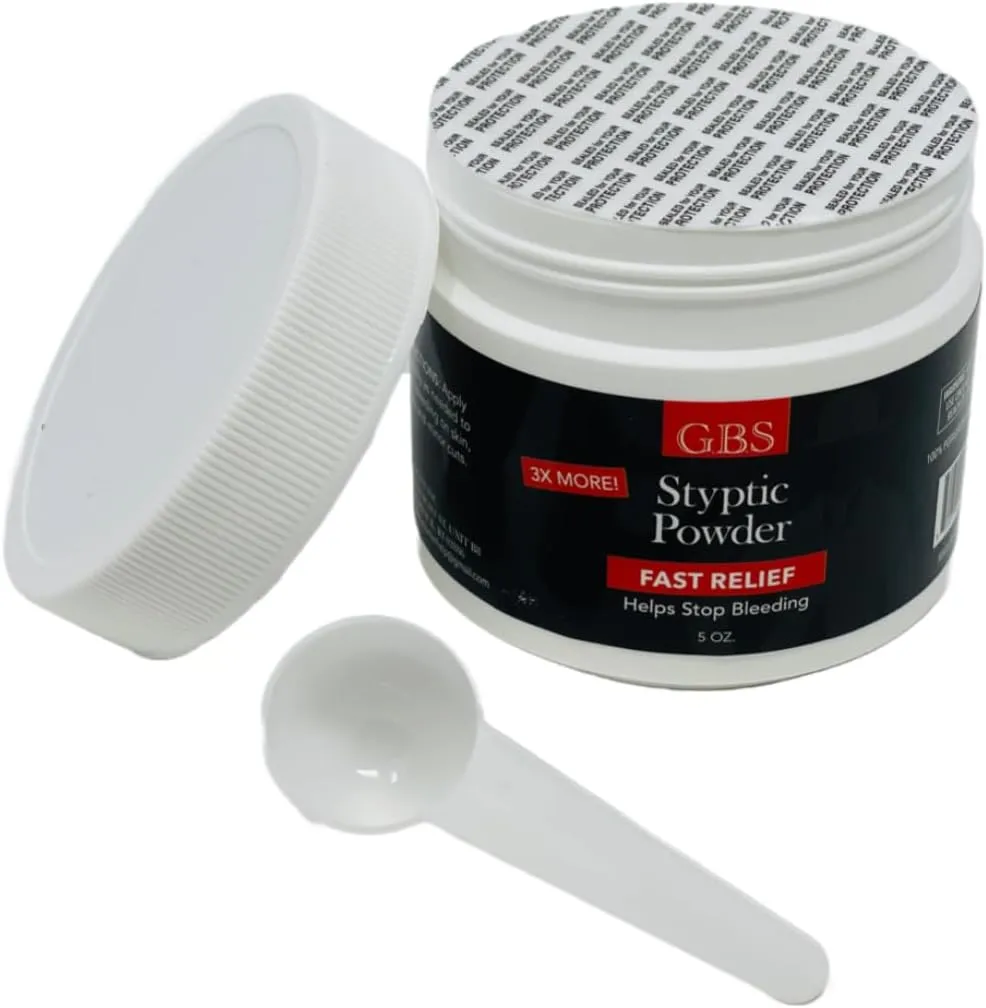 G.B.S Styptic Powder with Sealed Top   Scoop Quick Stop Bleeding, Nick Relief First Aid Useful for Minor Cuts, Nosebleeds, Camping Safety Survival Kit (5oz)