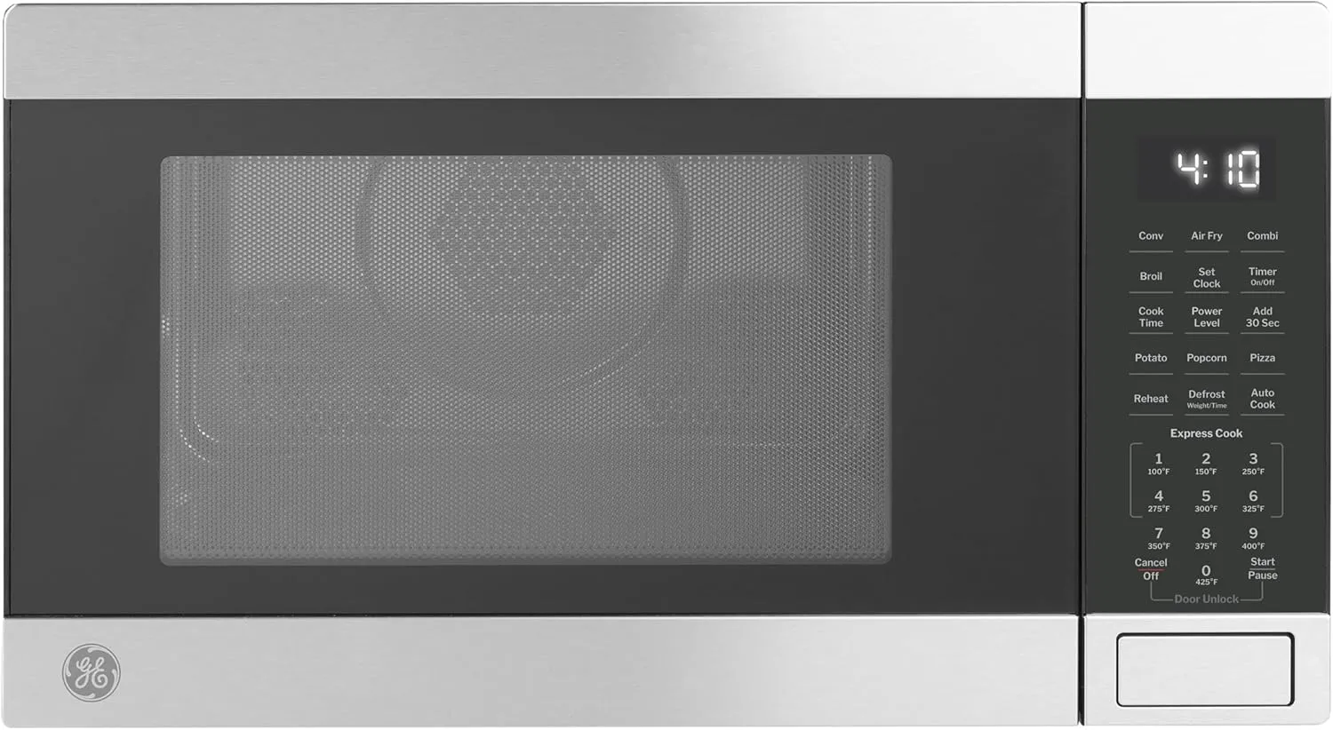 GE GCST10A1WSS 4-in-1 Microwave Oven, 1,050 Watts Air Fryer, Broiler & Convection Mode, Child-Lock Technology, Kitchen Essentials for The Countertop or Dorm Room, 1.0 Cu. Ft, Stainless Steel