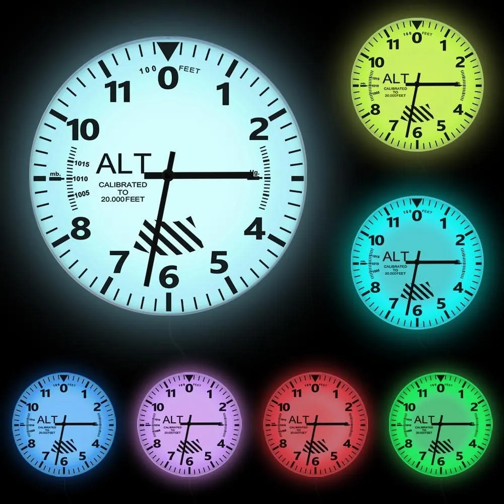 Geek Alerts Aviation Altimeter Modern Design Luminous Hanging Wall Clock Glow in Dark Airplane Instrument Dashboard Aircraft Flight 12inch LED Silent Watch for Pilot Home Decor