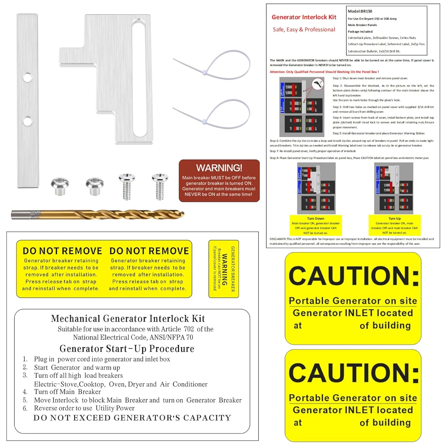 Generator Interlock Kit Compatible with Bryant 150 or 200 Amp Main Breaker Panels Electrical Interlocking Panel(BR150)