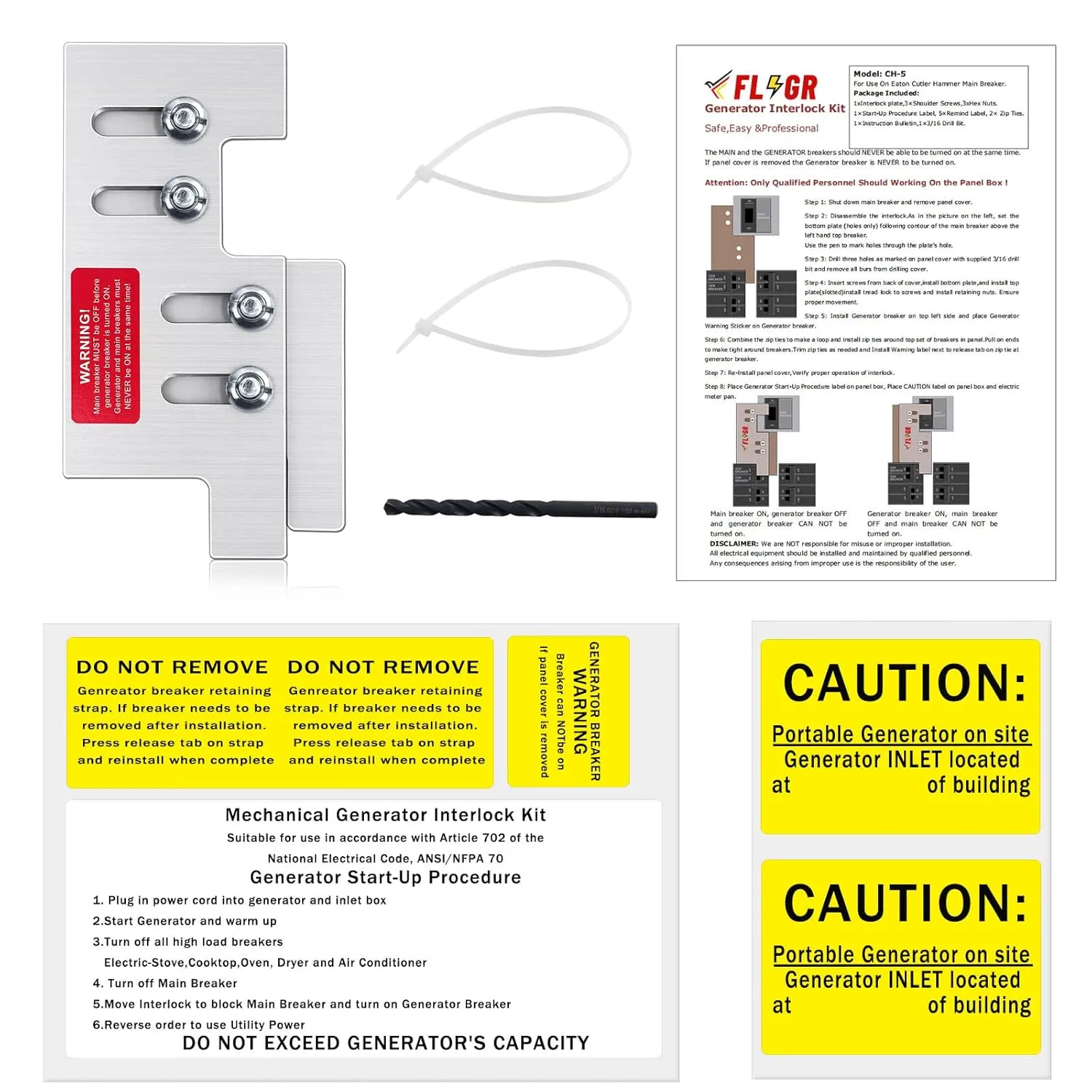 Generator Interlock Kit Compatible with Eaton or Cutler Hammer Vertical Throw CH Series 150 or 200 amp, 2 1/4" Spacing Between Main and Branch Breakers