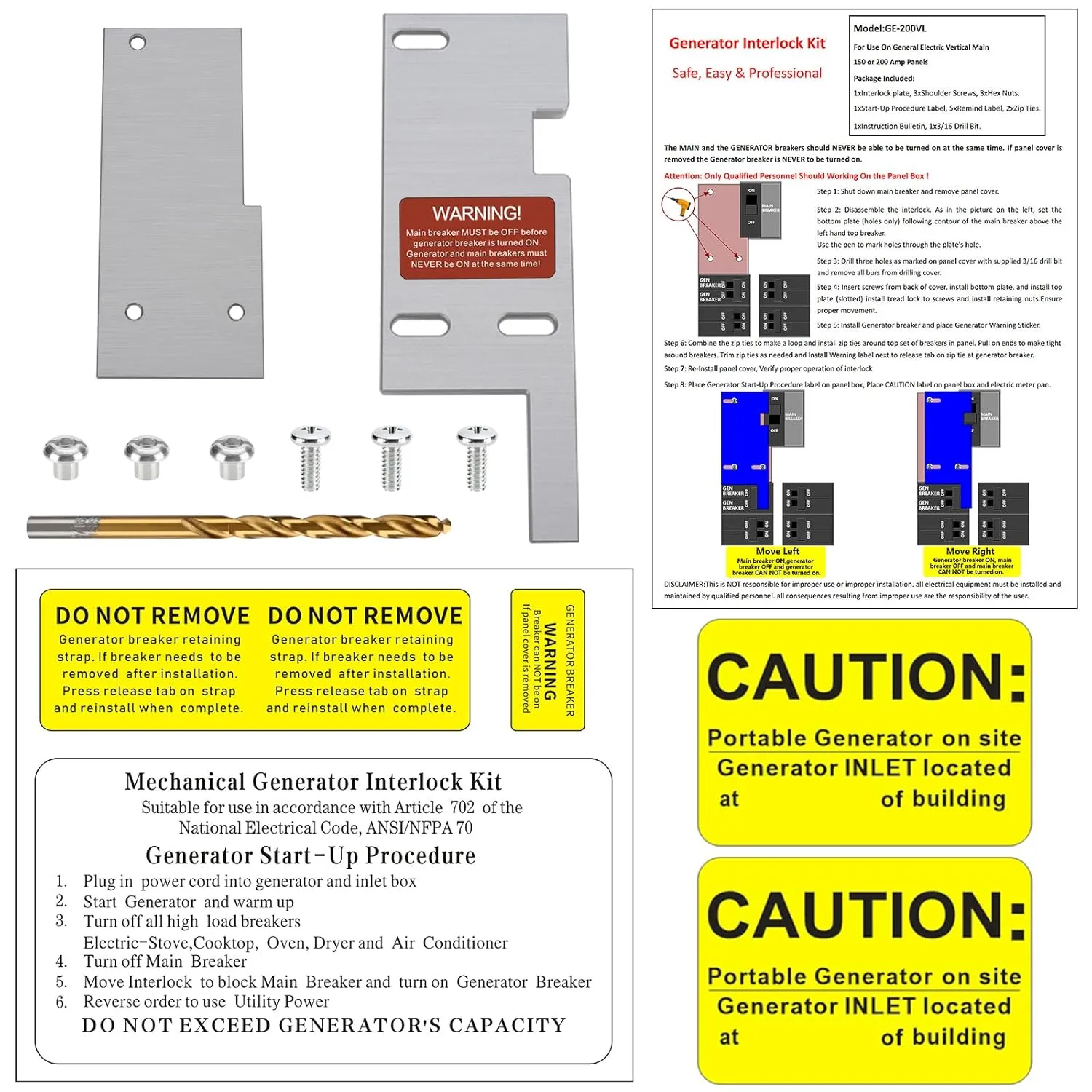 Generator Interlock Kit Compatible with General Electric Vertical Main 150 or 200 Amp Panels, 2 1/2 to 3 1/2 Inches Spacing Between Main and Branch Breaker (GE-200VL)